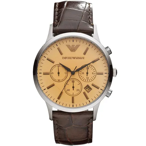 AR2433 Men's 43mm Chronograph Watch Beige Dial Leather Strap - Emporio Armani - Modalova