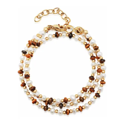 Men's Wrap Bracelet with White Pearls, Brown Tiger Eye, and Gold - Nialaya - Modalova