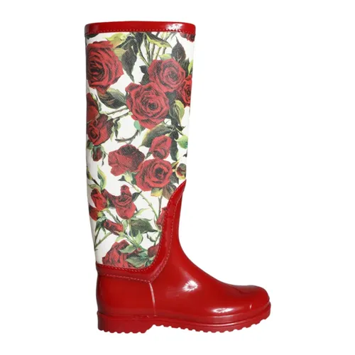 Red Floral Rubber Knee High Boots - Dolce & Gabbana - Modalova