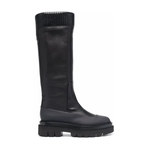 Ribbed Leather Knee-High Boots Black - Santoni - Modalova