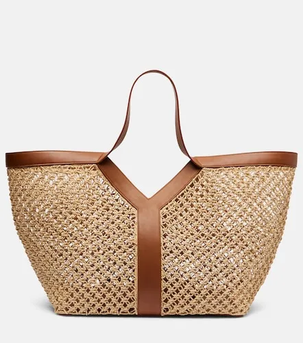 Y leather-trimmed raffia tote bag - Saint Laurent - Modalova