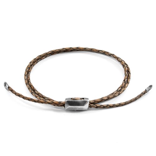 Taupe Edward Silver and Braided Leather SKINNY Bracelet - ANCHOR & CREW - Modalova